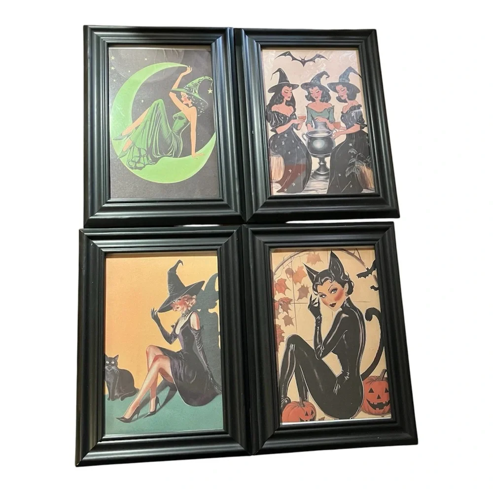 Set of Four Retro Halloween Witch Art Prints in Black Frames 4x6